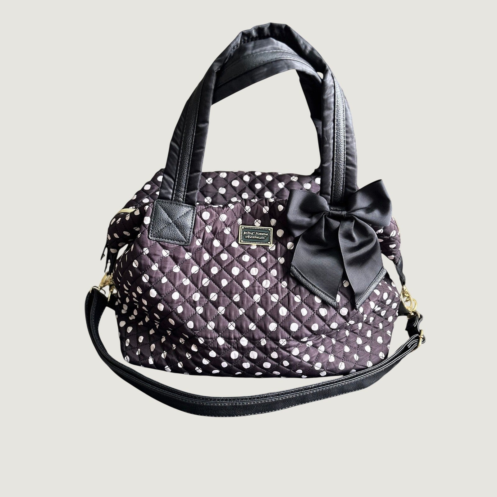 Betsey Johnson Quilted Polka Dot Large Satchel Bag with Bow, Black Brown White Crossbody