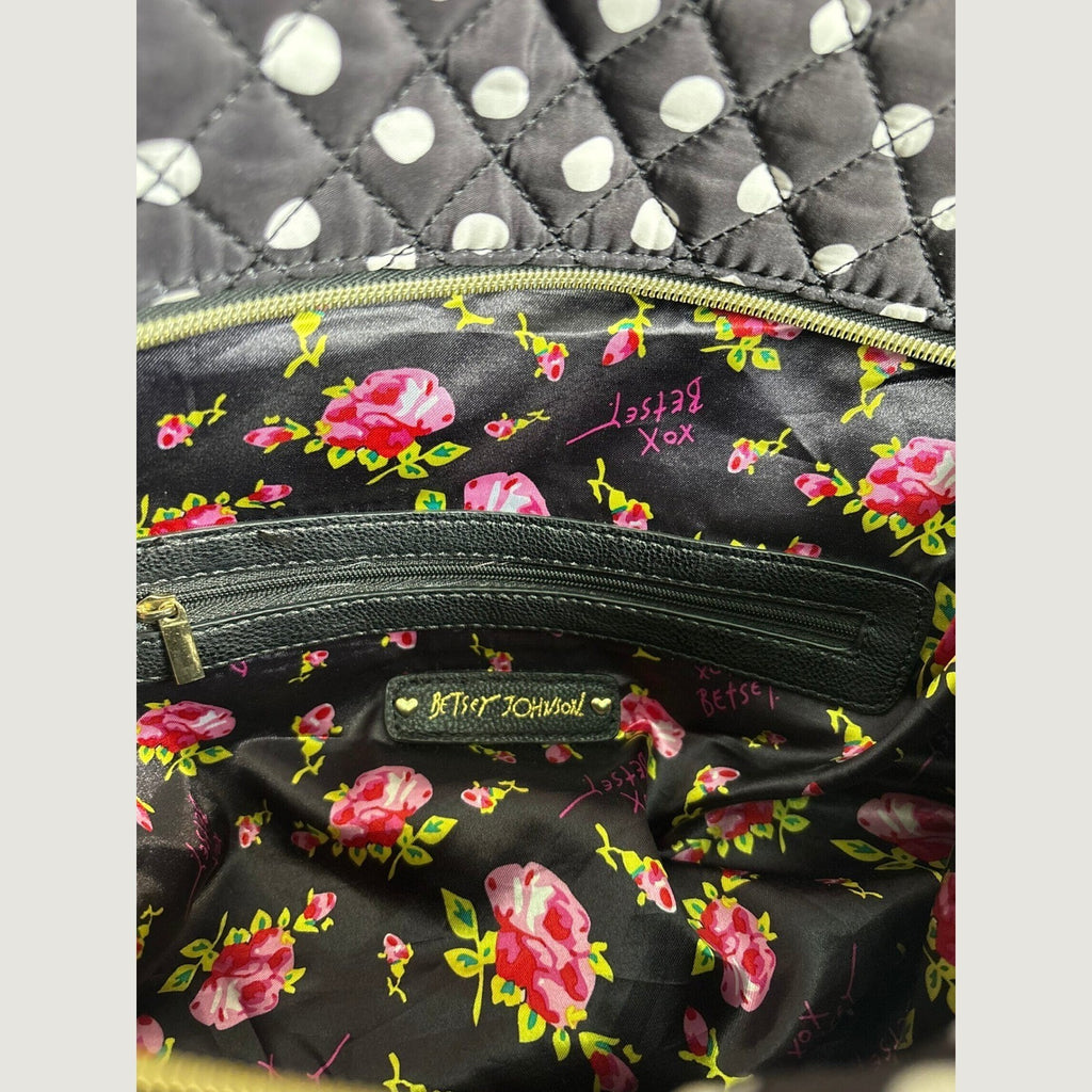 Betsey Johnson Quilted Polka Dot Large Satchel Bag with Bow, Black Brown White Crossbody