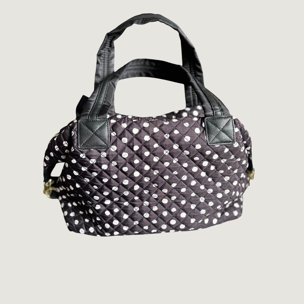 Betsey Johnson Quilted Polka Dot Large Satchel Bag with Bow, Black Brown White Crossbody