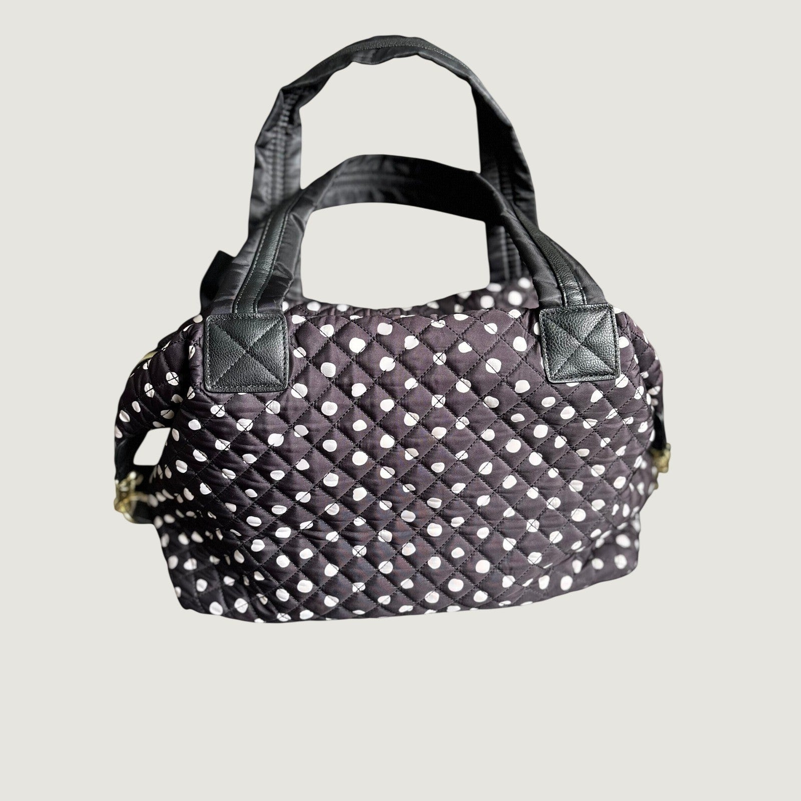 Betsey Johnson Quilted Polka Dot Large Satchel Bag with Bow, Black Brown White Crossbody