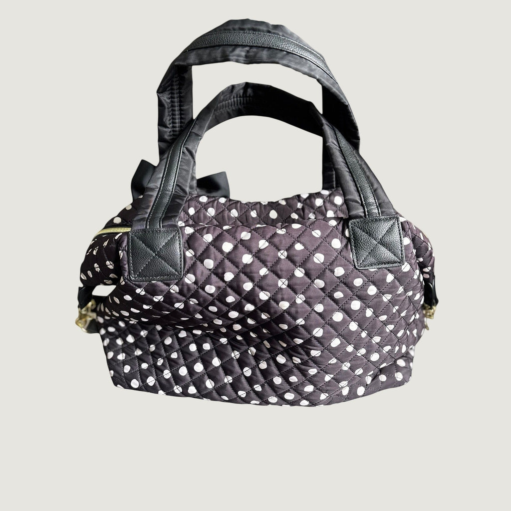 Betsey Johnson Quilted Polka Dot Large Satchel Bag with Bow, Black Brown White Crossbody