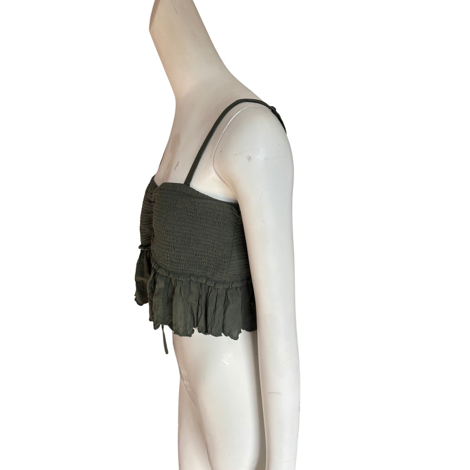 Wilfred La Boheme Smocked Crop Top Olive Green Ruffle Peplum Size L