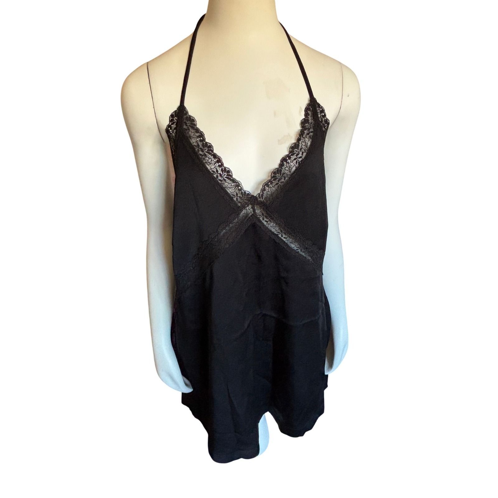You're So Money Babe Black Lace Trim Halter Slip‎ Dress Open Back  Size L