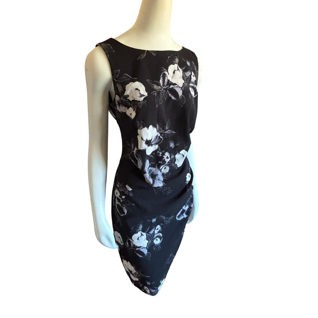 Jacob Womens Black White Floral Ruched Sheath Dress Sleeveless Size L A08C952‎