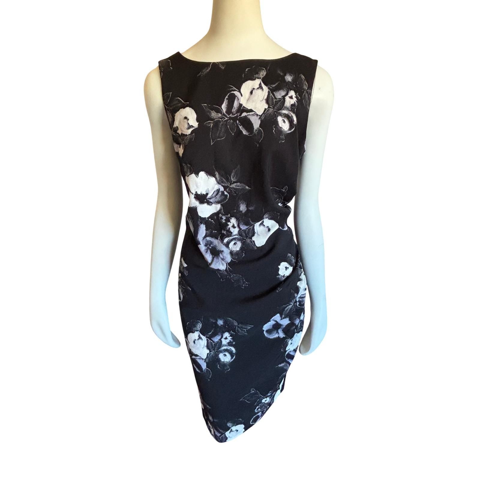 Jacob Womens Black White Floral Ruched Sheath Dress Sleeveless Size L A08C952‎