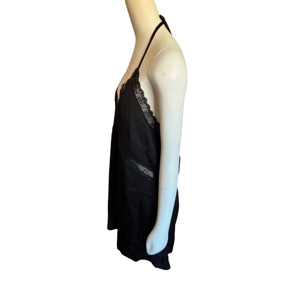 You're So Money Babe Black Lace Trim Halter Slip‎ Dress Open Back  Size L