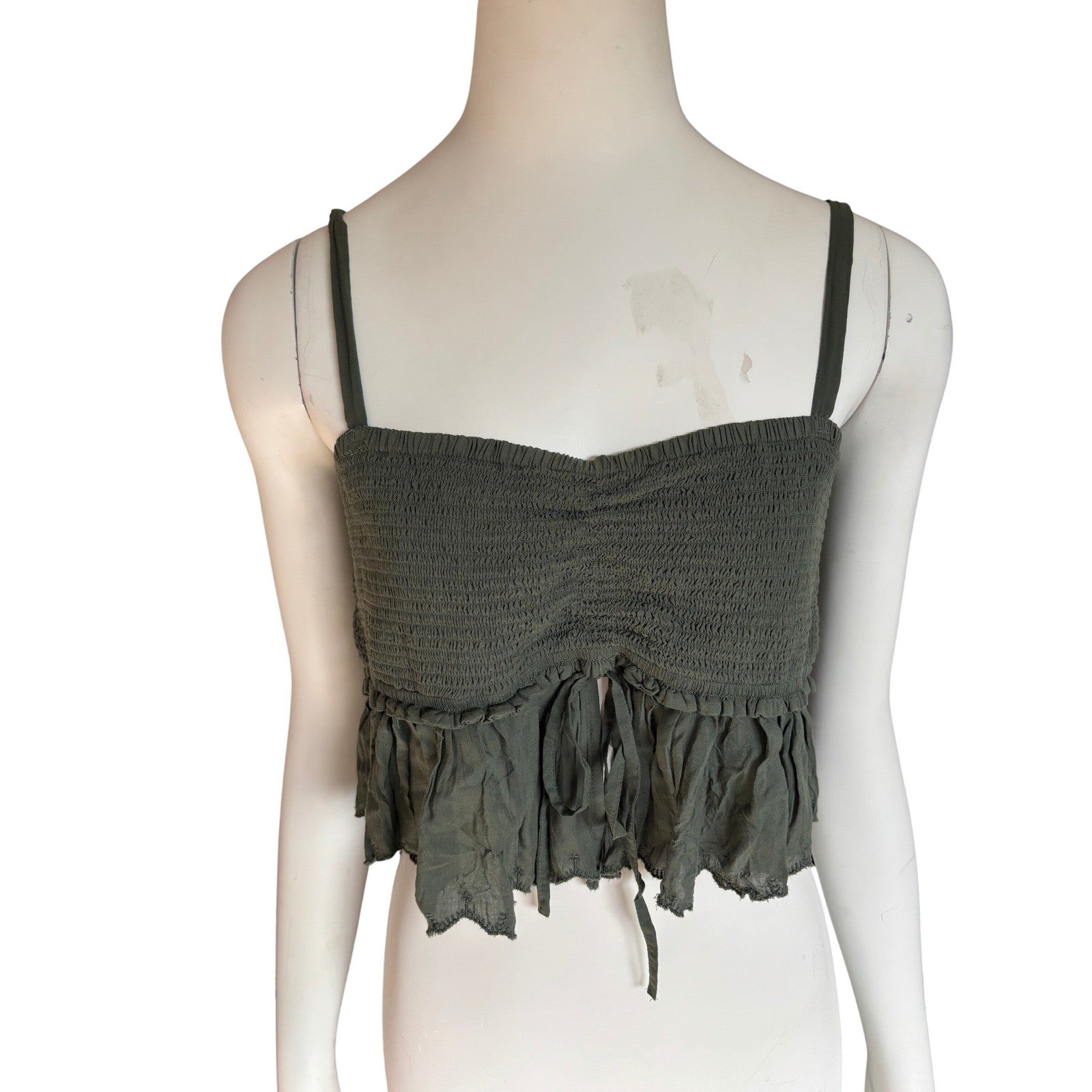 Wilfred La Boheme Smocked Crop Top Olive Green Ruffle Peplum Size L