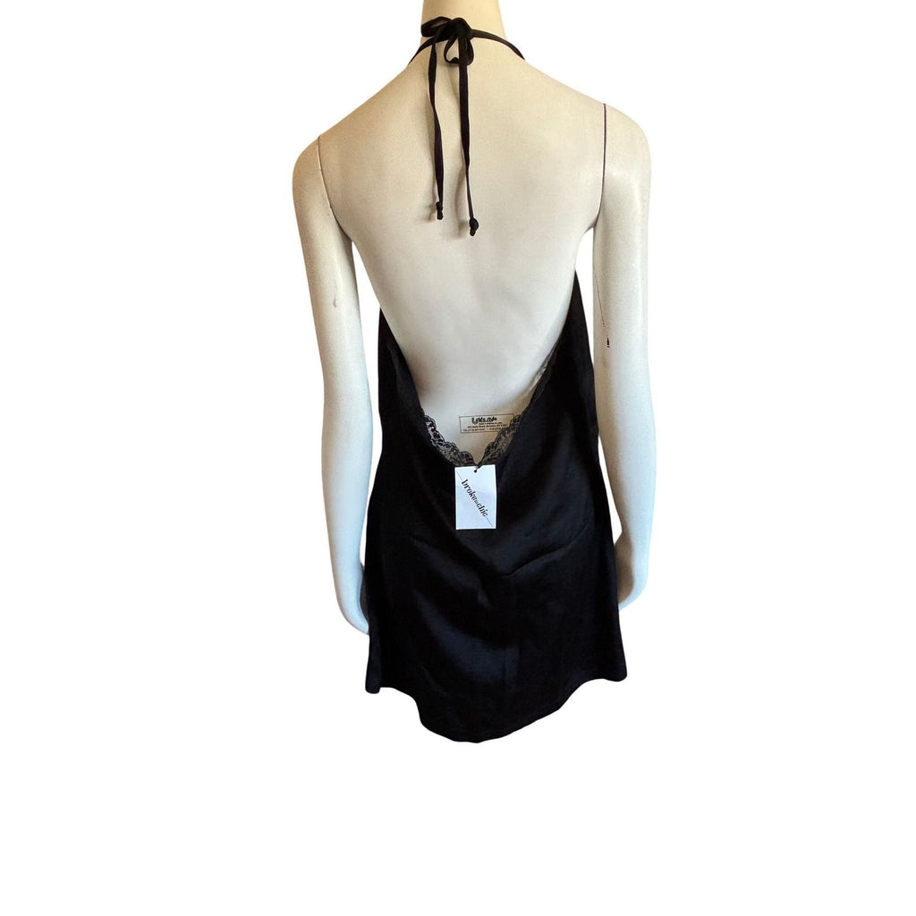 You're So Money Babe Black Lace Trim Halter Slip‎ Dress Open Back  Size L