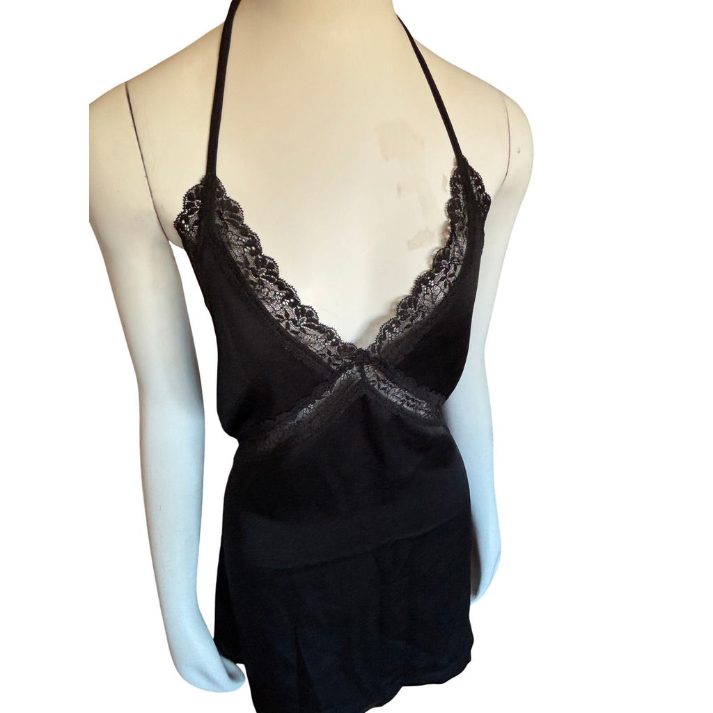You're So Money Babe Black Lace Trim Halter Slip‎ Dress Open Back  Size L