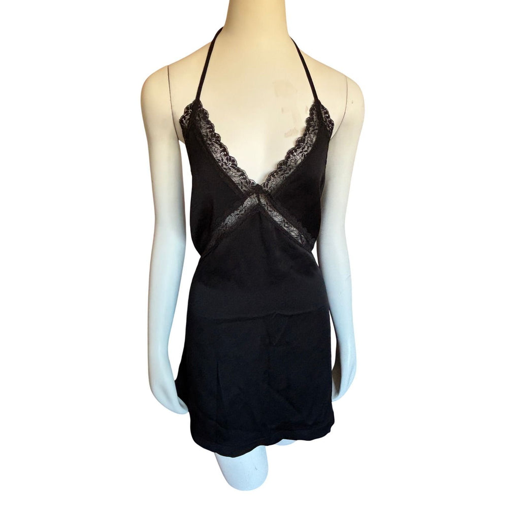 You're So Money Babe Black Lace Trim Halter Slip‎ Dress Open Back  Size L