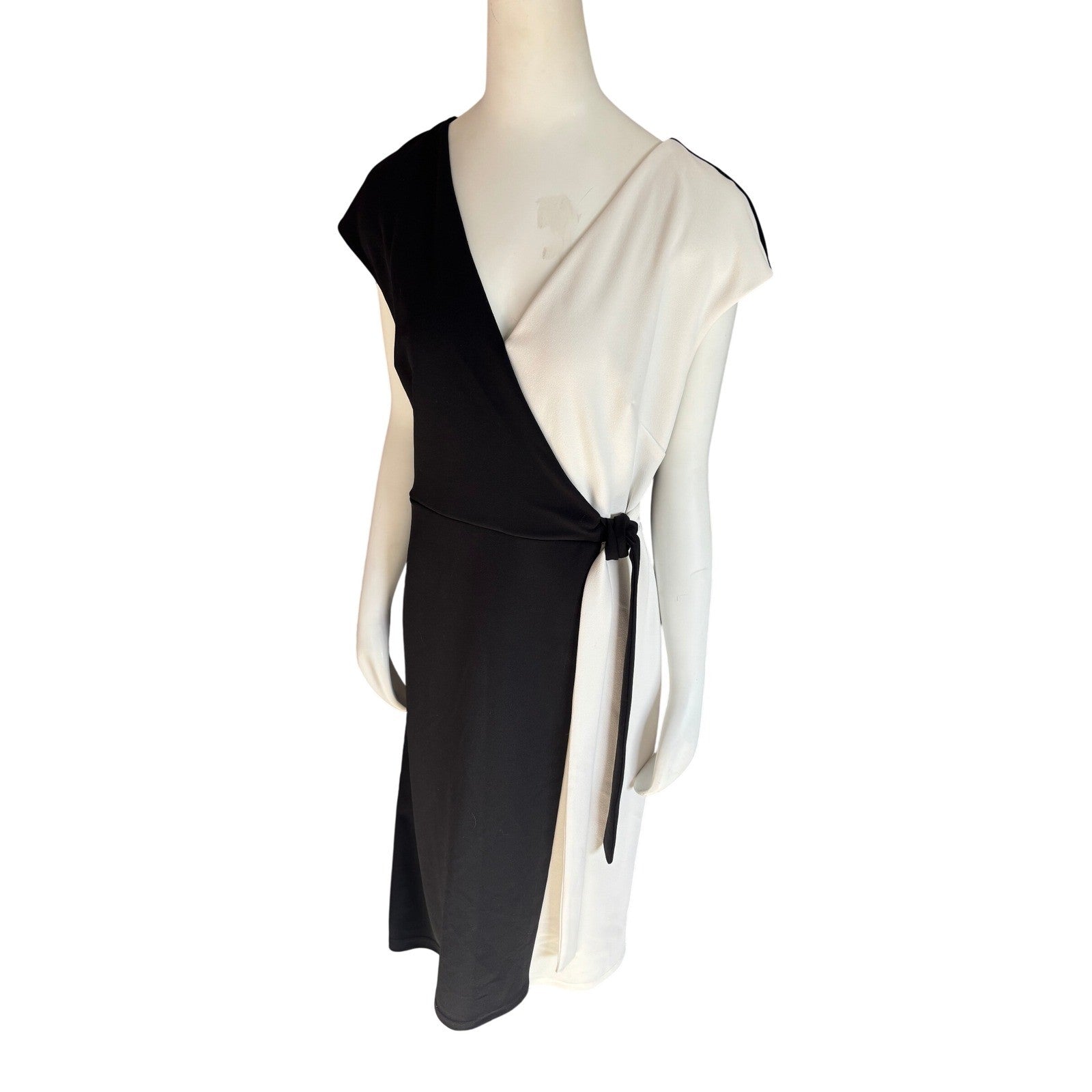 Cleo Black White Colorblock Faux Wrap Dress Cap Sleeve Size L