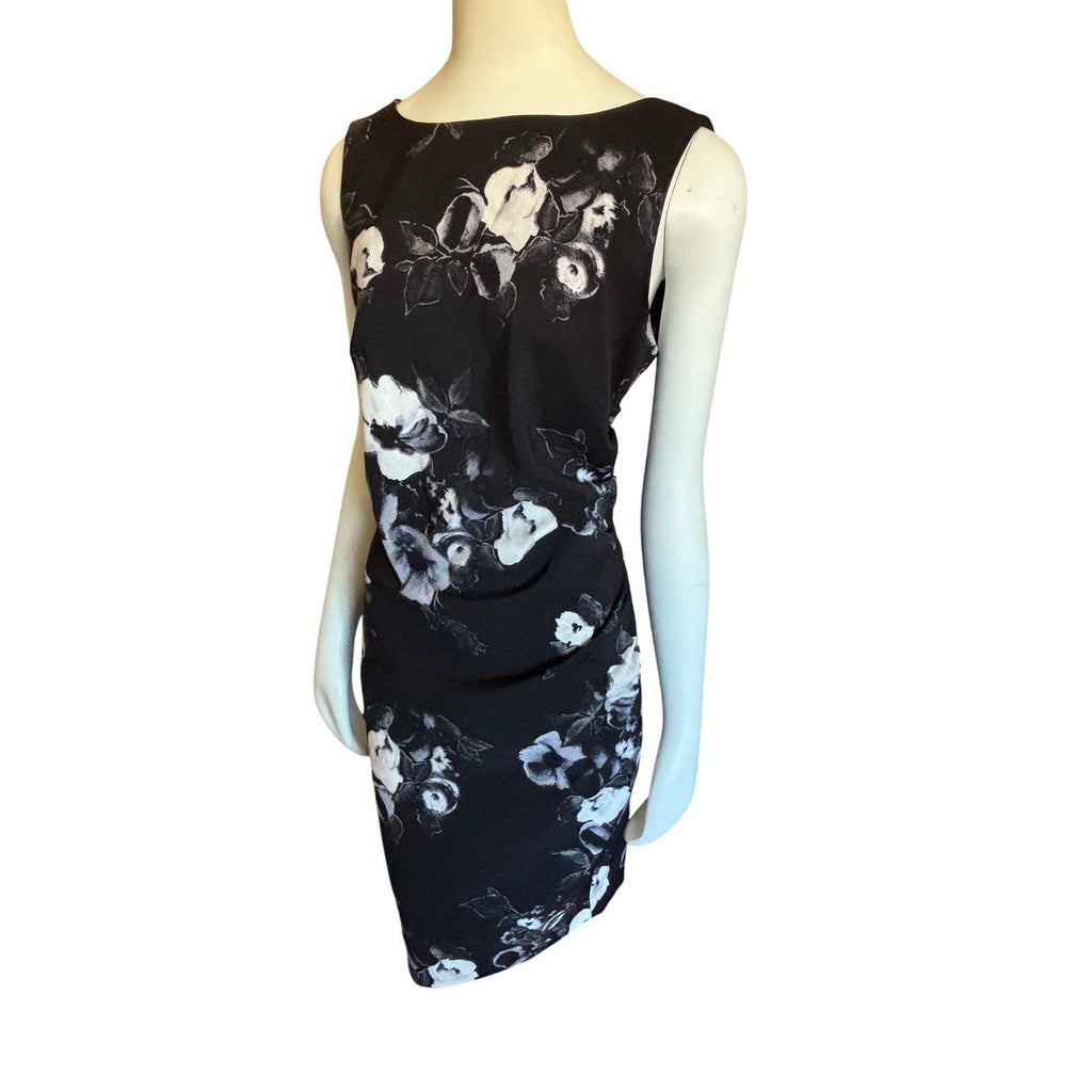 Jacob Womens Black White Floral Ruched Sheath Dress Sleeveless Size L A08C952‎