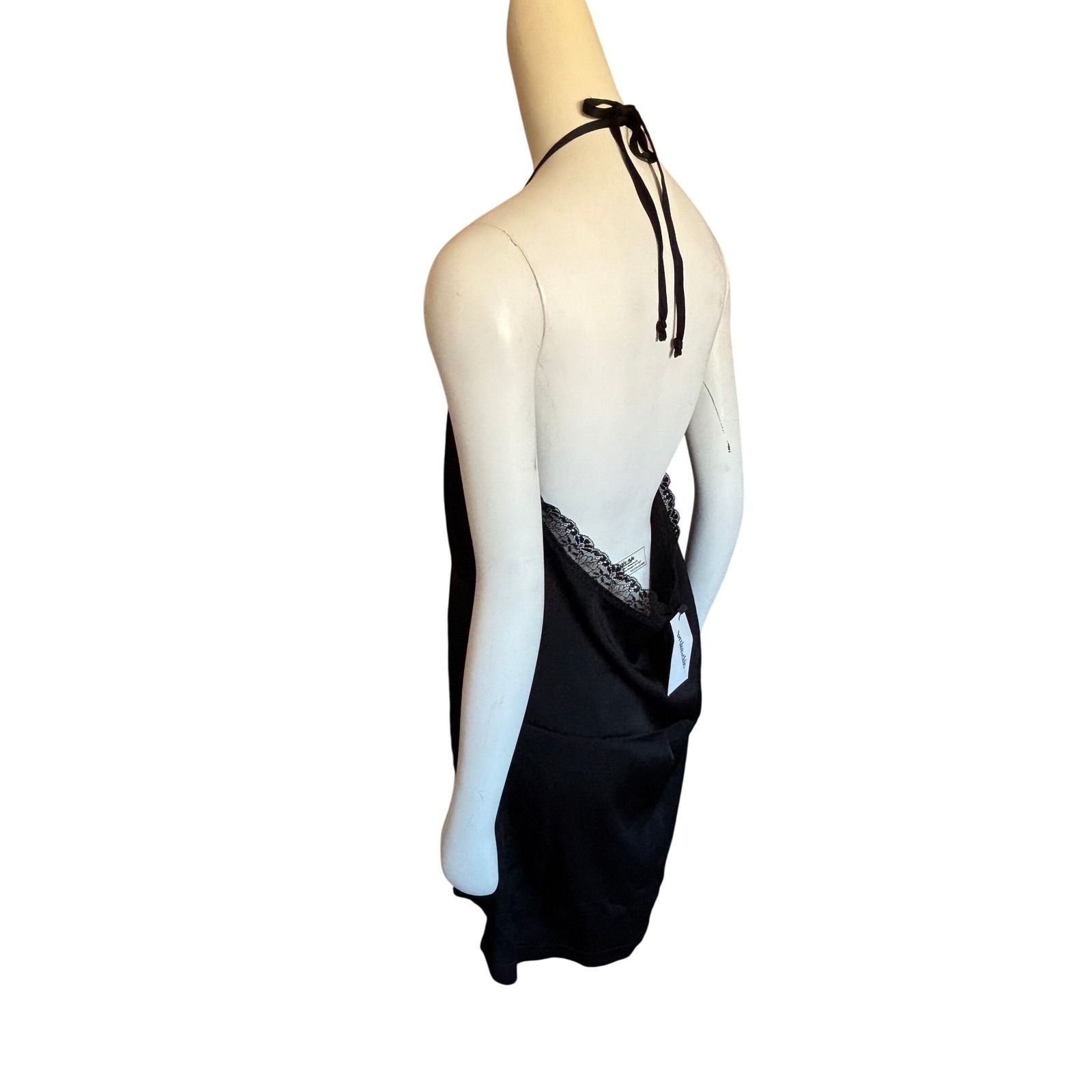 You're So Money Babe Black Lace Trim Halter Slip‎ Dress Open Back  Size L