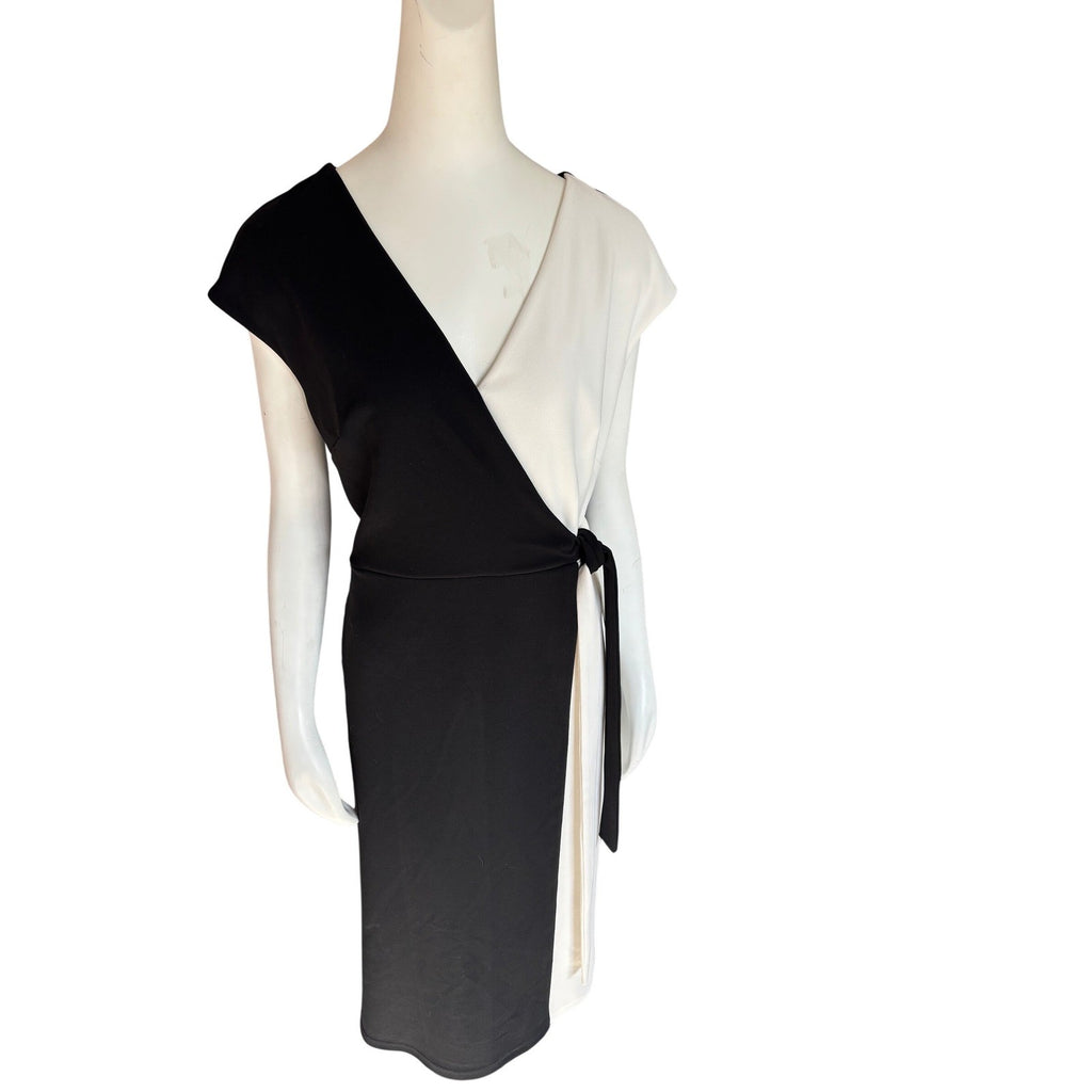 Cleo Black White Colorblock Faux Wrap Dress Cap Sleeve Size L