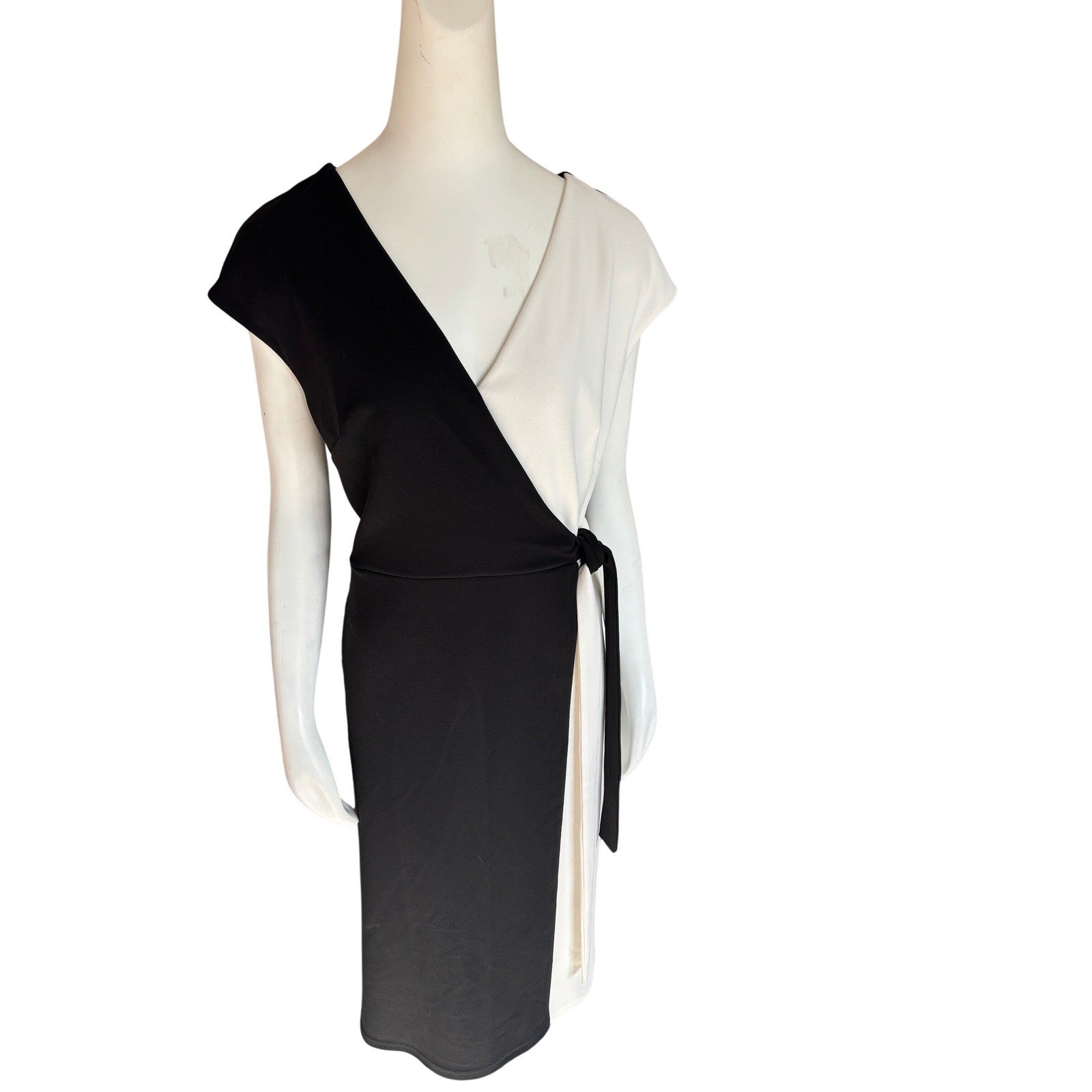 Cleo Black White Colorblock Faux Wrap Dress Cap Sleeve Size L