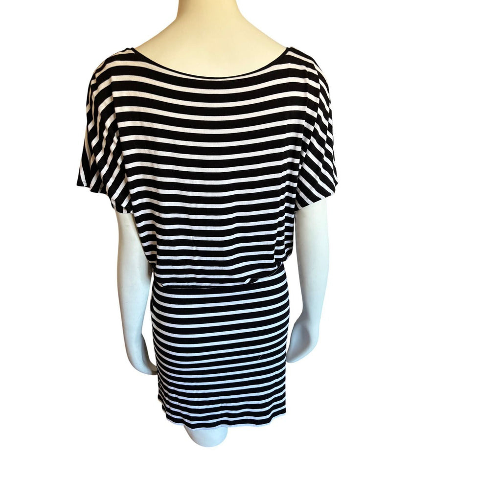 White House Black Market Striped Asymmetrical Tulip Hem Dress Black White XL