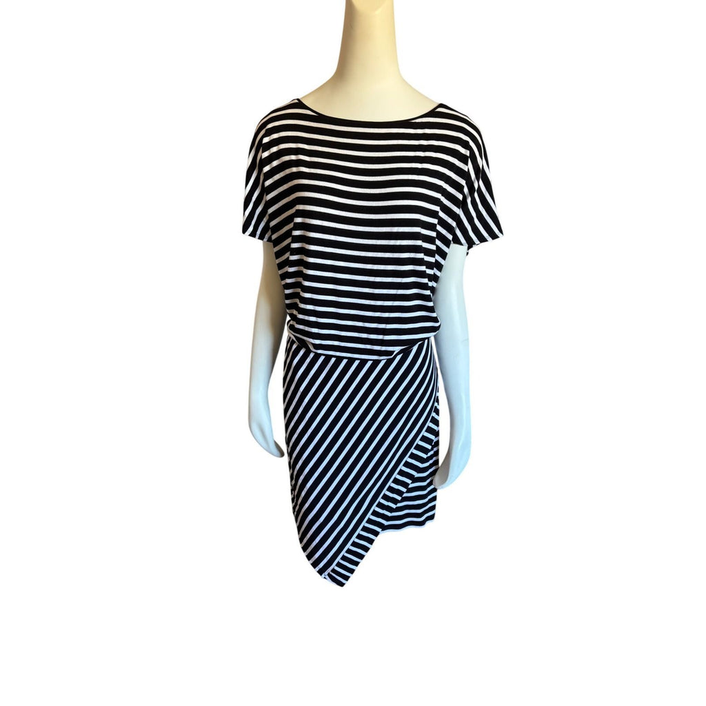 White House Black Market Striped Asymmetrical Tulip Hem Dress Black White XL