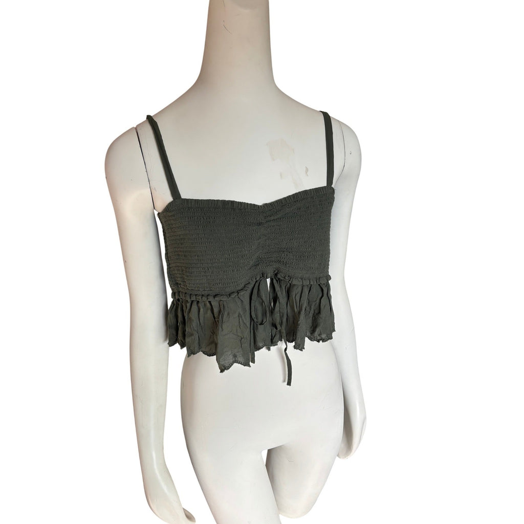 Wilfred La Boheme Smocked Crop Top Olive Green Ruffle Peplum Size L