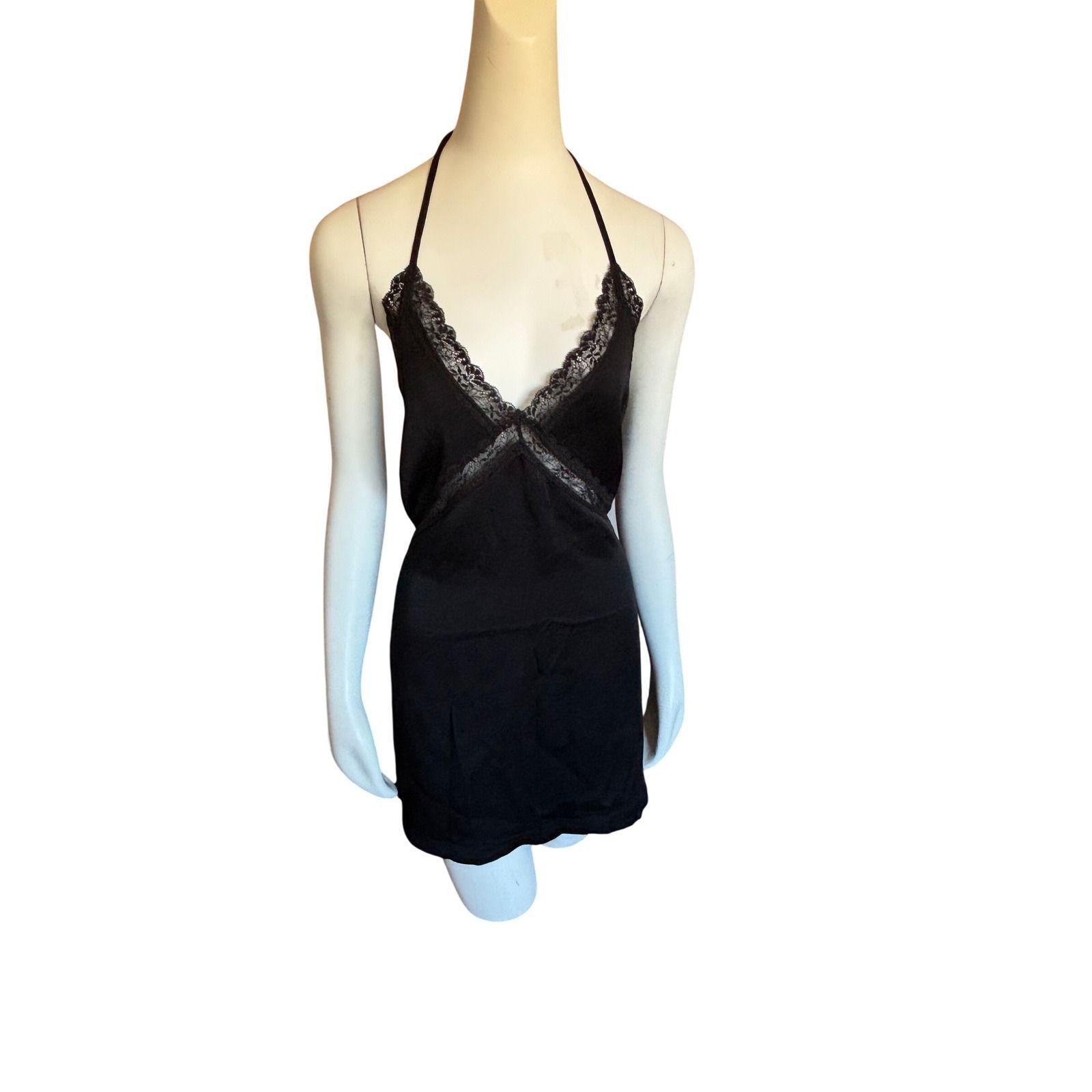 You're So Money Babe Black Lace Trim Halter Slip‎ Dress Open Back  Size L