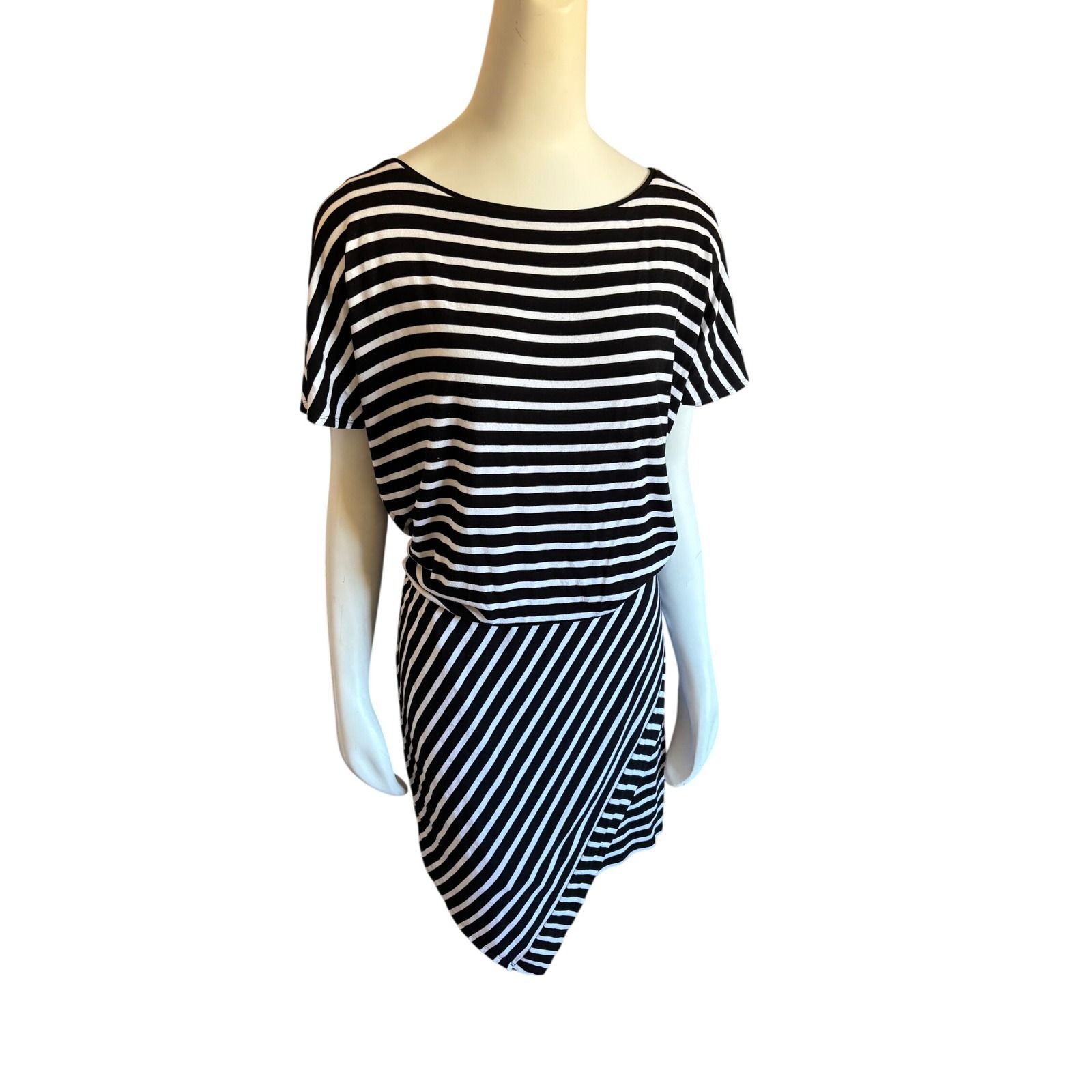 White House Black Market Striped Asymmetrical Tulip Hem Dress Black White XL