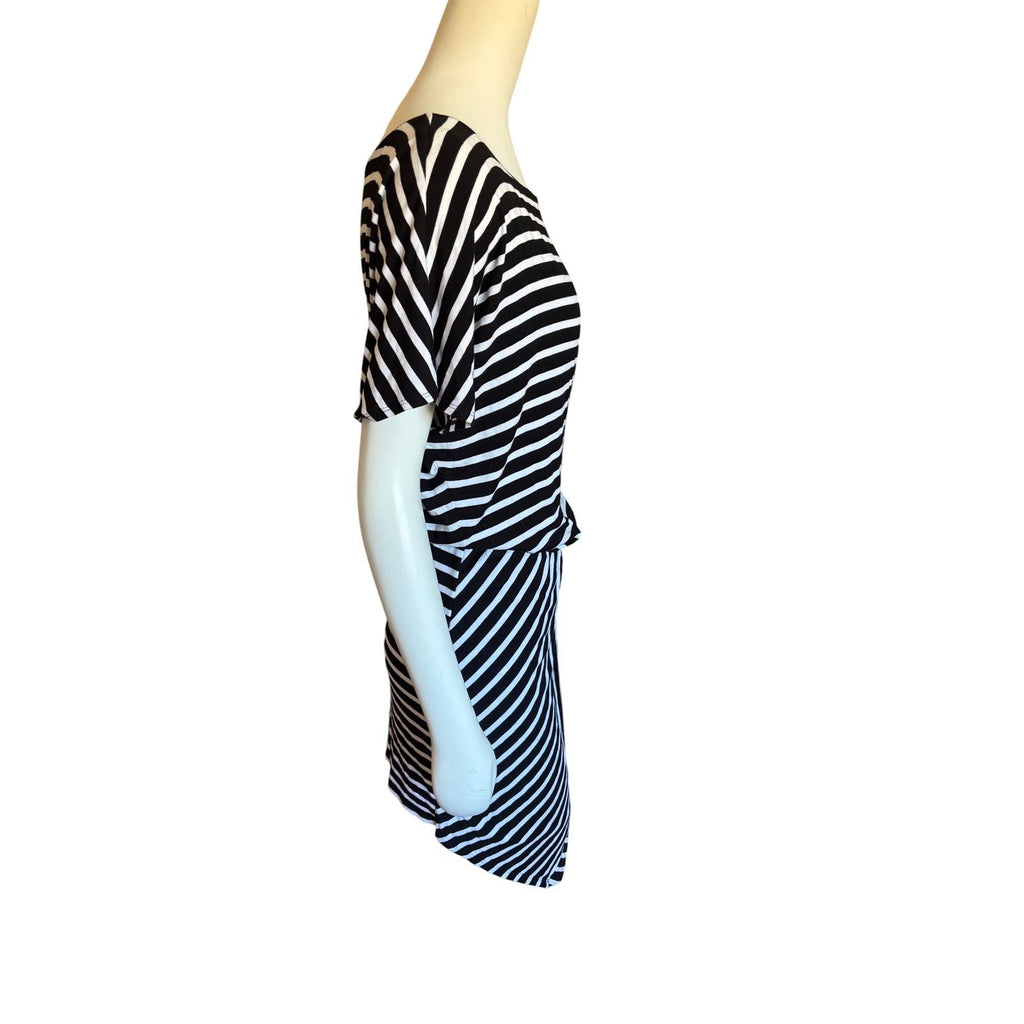 White House Black Market Striped Asymmetrical Tulip Hem Dress Black White XL