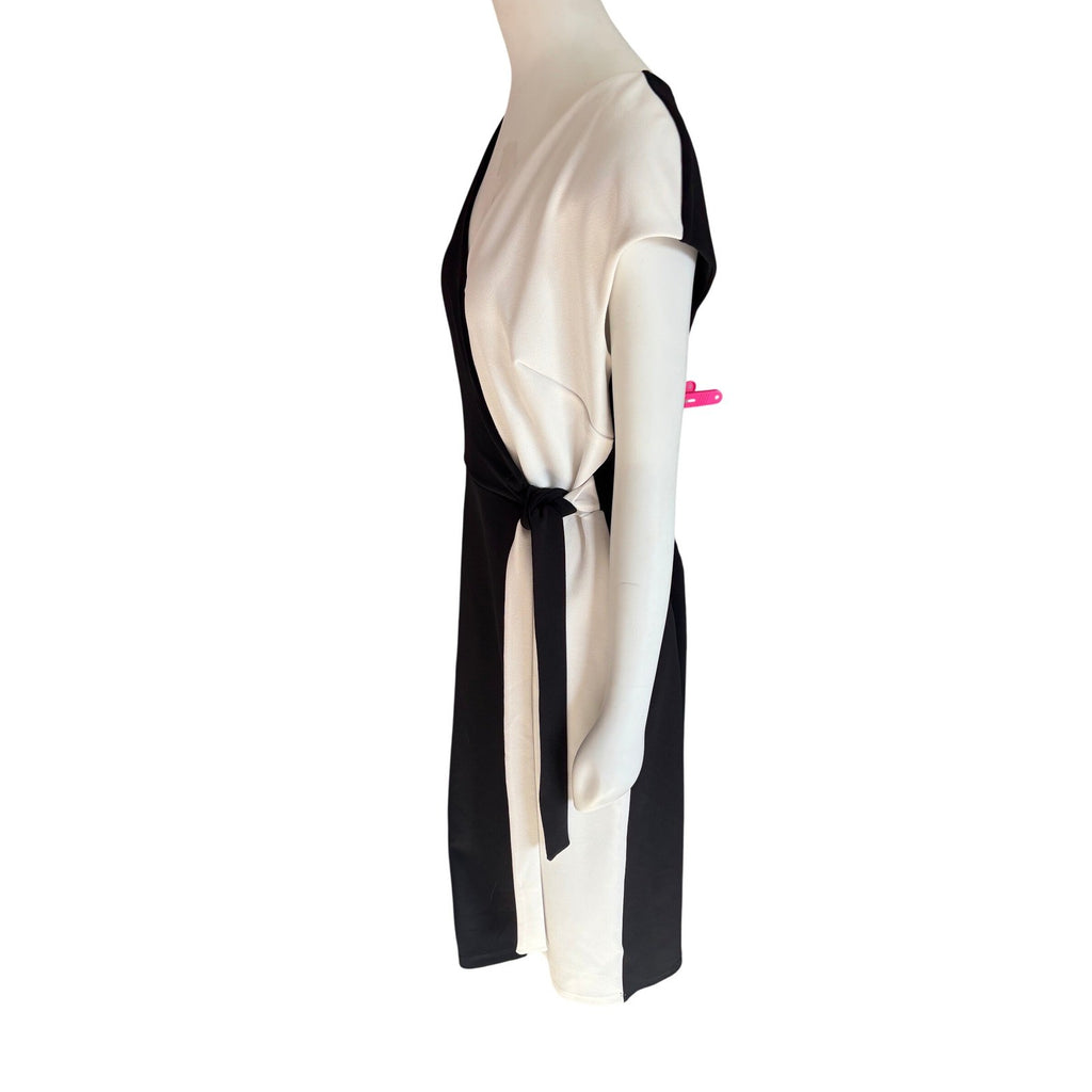 Cleo Black White Colorblock Faux Wrap Dress Cap Sleeve Size L
