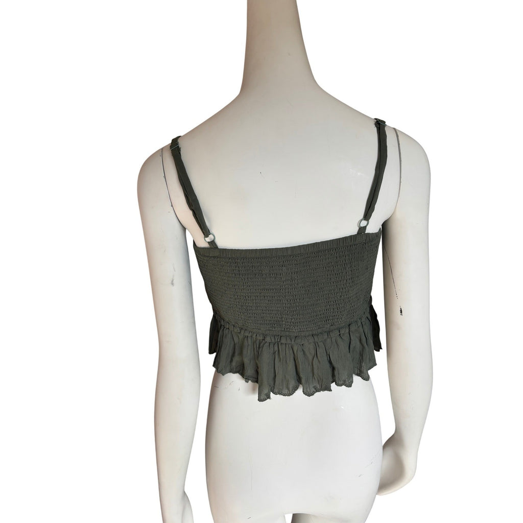 Wilfred La Boheme Smocked Crop Top Olive Green Ruffle Peplum Size L