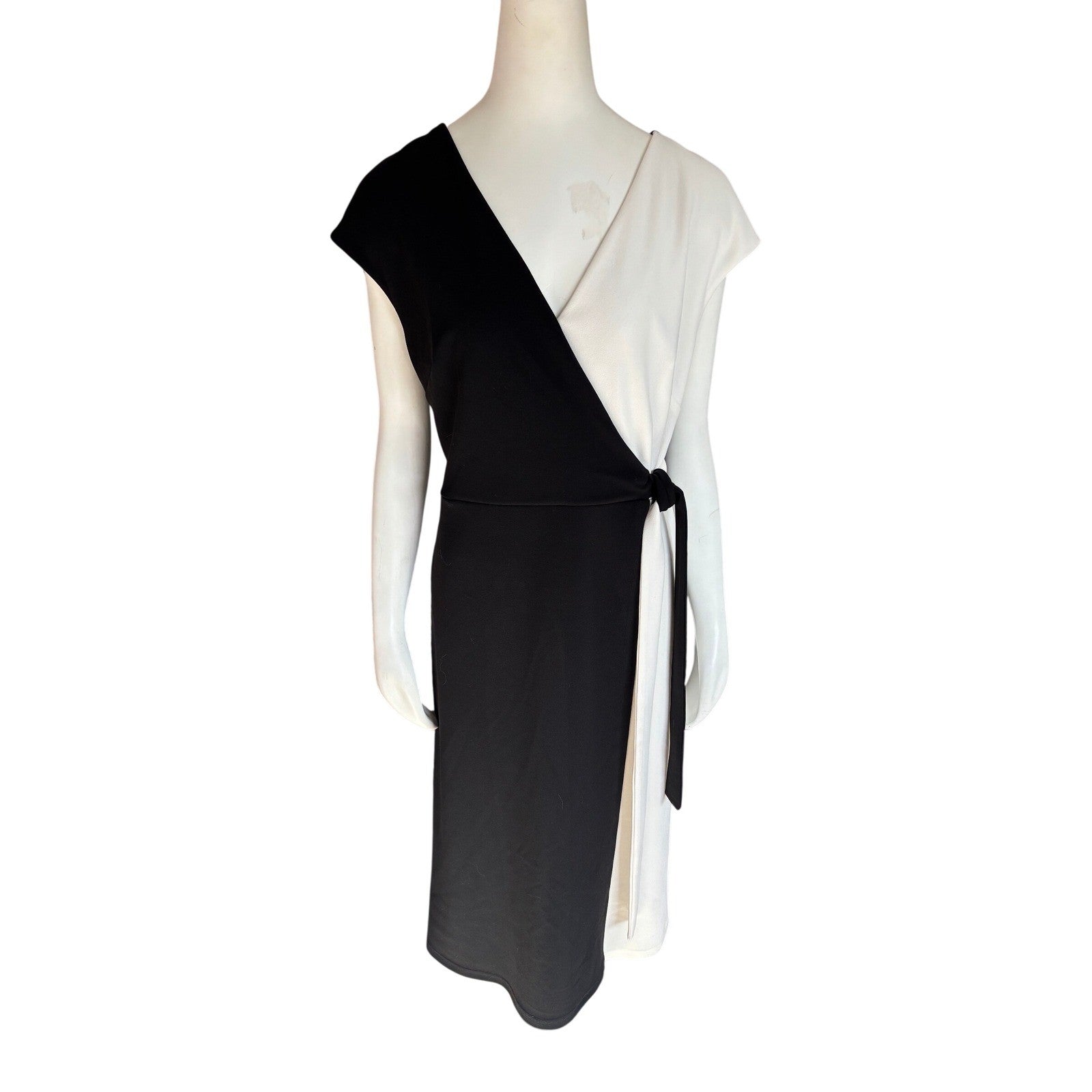 Cleo Black White Colorblock Faux Wrap Dress Cap Sleeve Size L