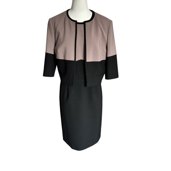 BOSS  ASL Colorblock Dress and Jacket Set Taupe Black Professional Suit Size 12