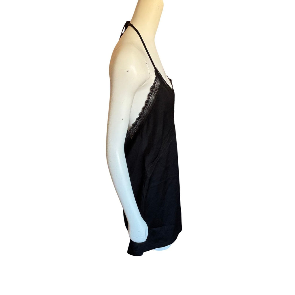 You're So Money Babe Black Lace Trim Halter Slip‎ Dress Open Back  Size L