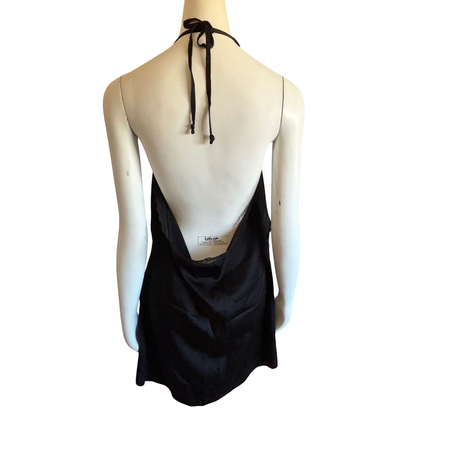 You're So Money Babe Black Lace Trim Halter Slip‎ Dress Open Back  Size L