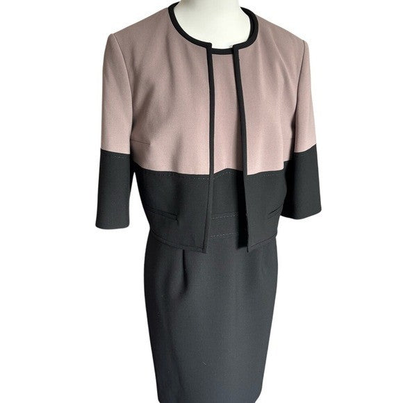 BOSS  ASL Colorblock Dress and Jacket Set Taupe Black Professional Suit Size 12