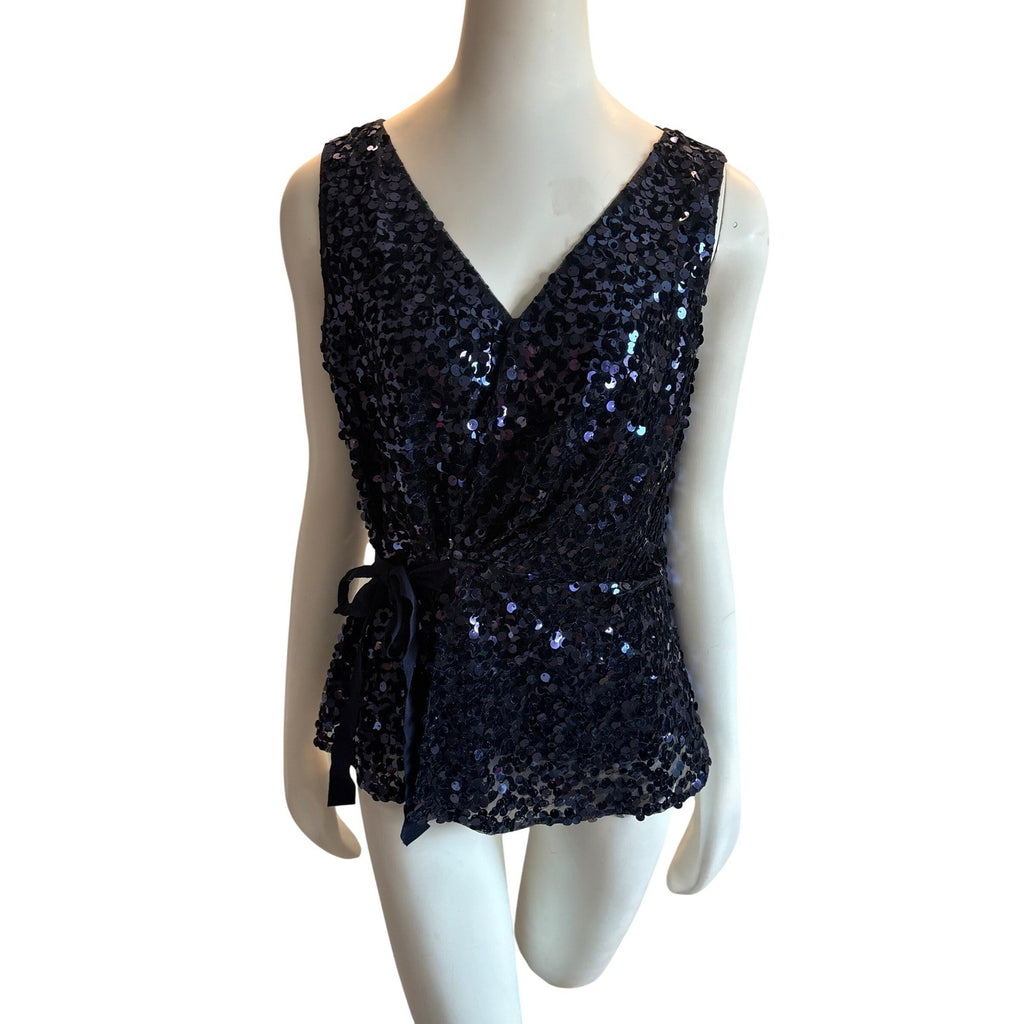 TAHARI Navy Blue Velvet Sequin Wrap Top Sleeveless V-Neck Ribbon Tie