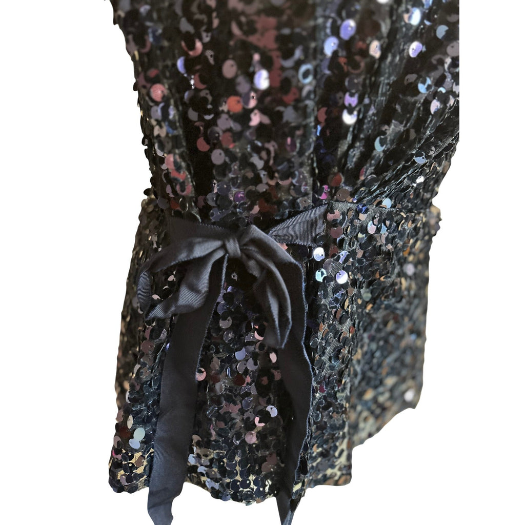 TAHARI Navy Blue Velvet Sequin Wrap Top Sleeveless V-Neck Ribbon Tie