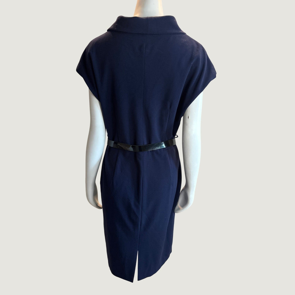 AK Anne Klein Navy Blue Cowl Neck Bow Sheath Dress with Belt Size 14