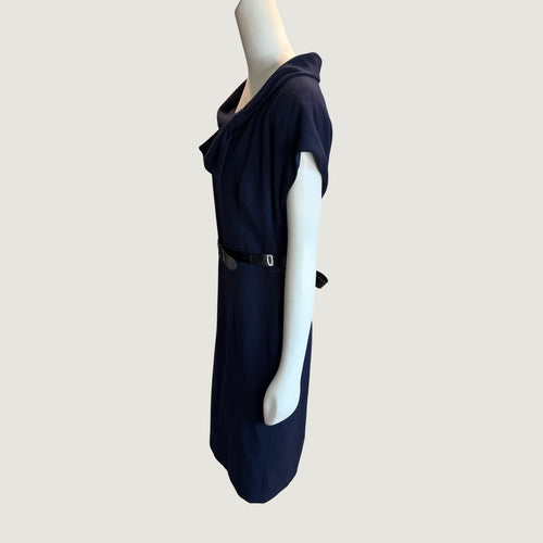 AK Anne Klein Navy Blue Cowl Neck Bow Sheath Dress with Belt Size 14