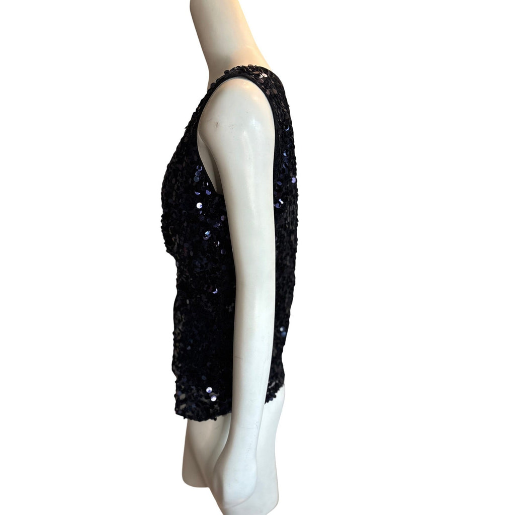 TAHARI Navy Blue Velvet Sequin Wrap Top Sleeveless V-Neck Ribbon Tie