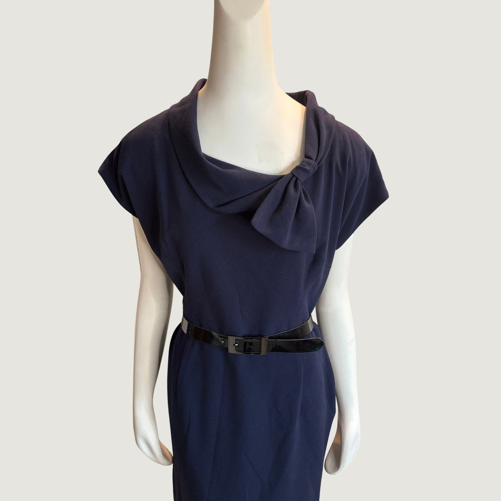 AK Anne Klein Navy Blue Cowl Neck Bow Sheath Dress with Belt Size 14