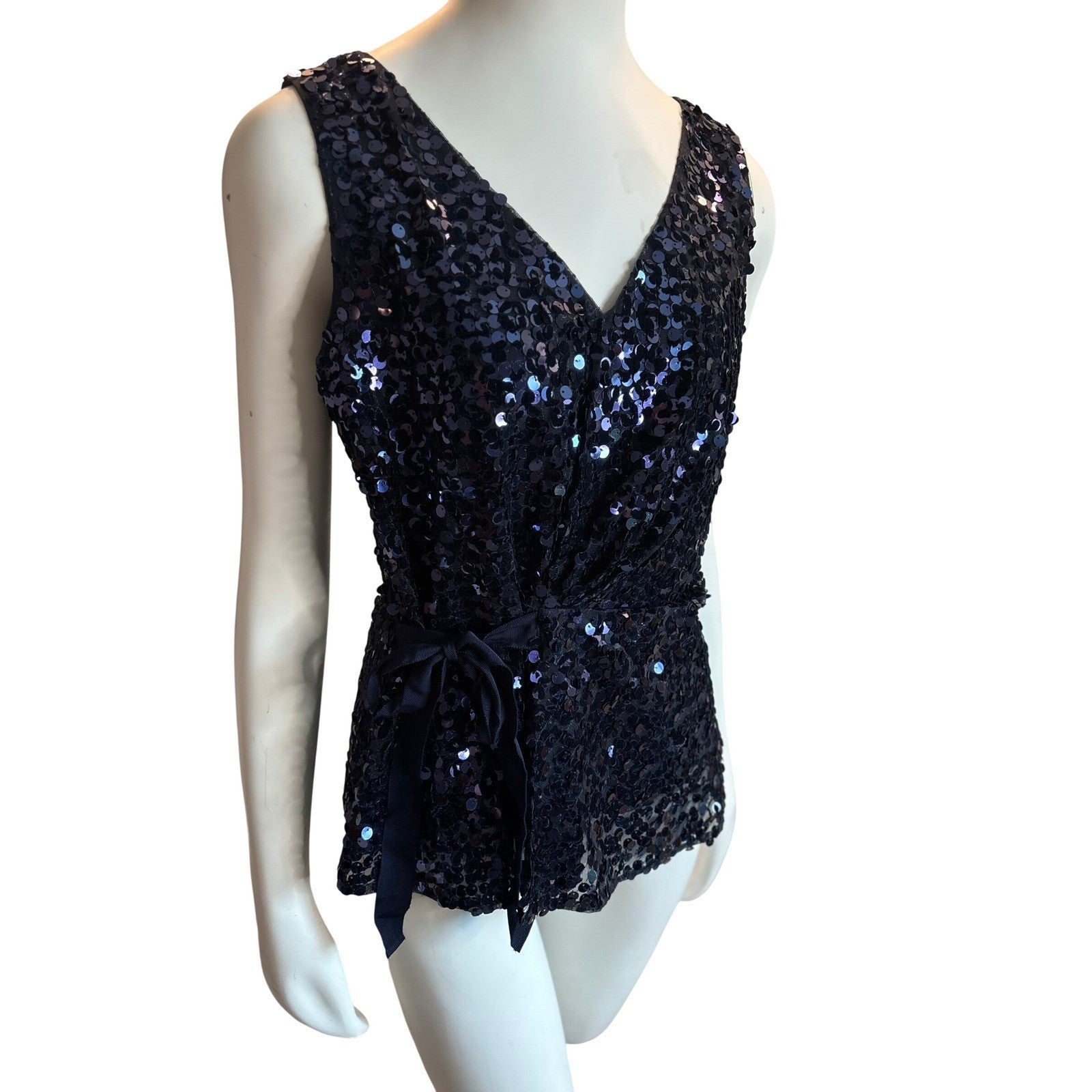 TAHARI Navy Blue Velvet Sequin Wrap Top Sleeveless V-Neck Ribbon Tie