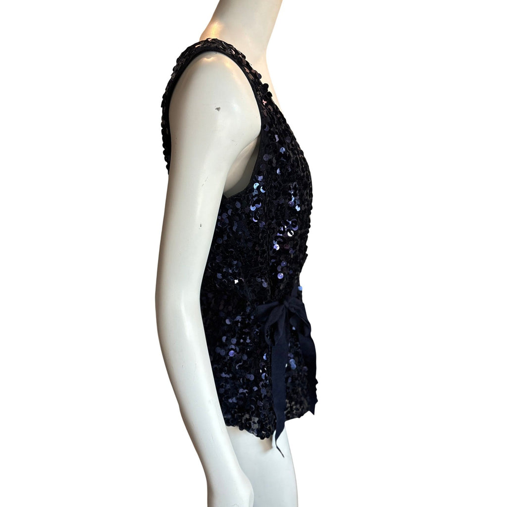 TAHARI Navy Blue Velvet Sequin Wrap Top Sleeveless V-Neck Ribbon Tie