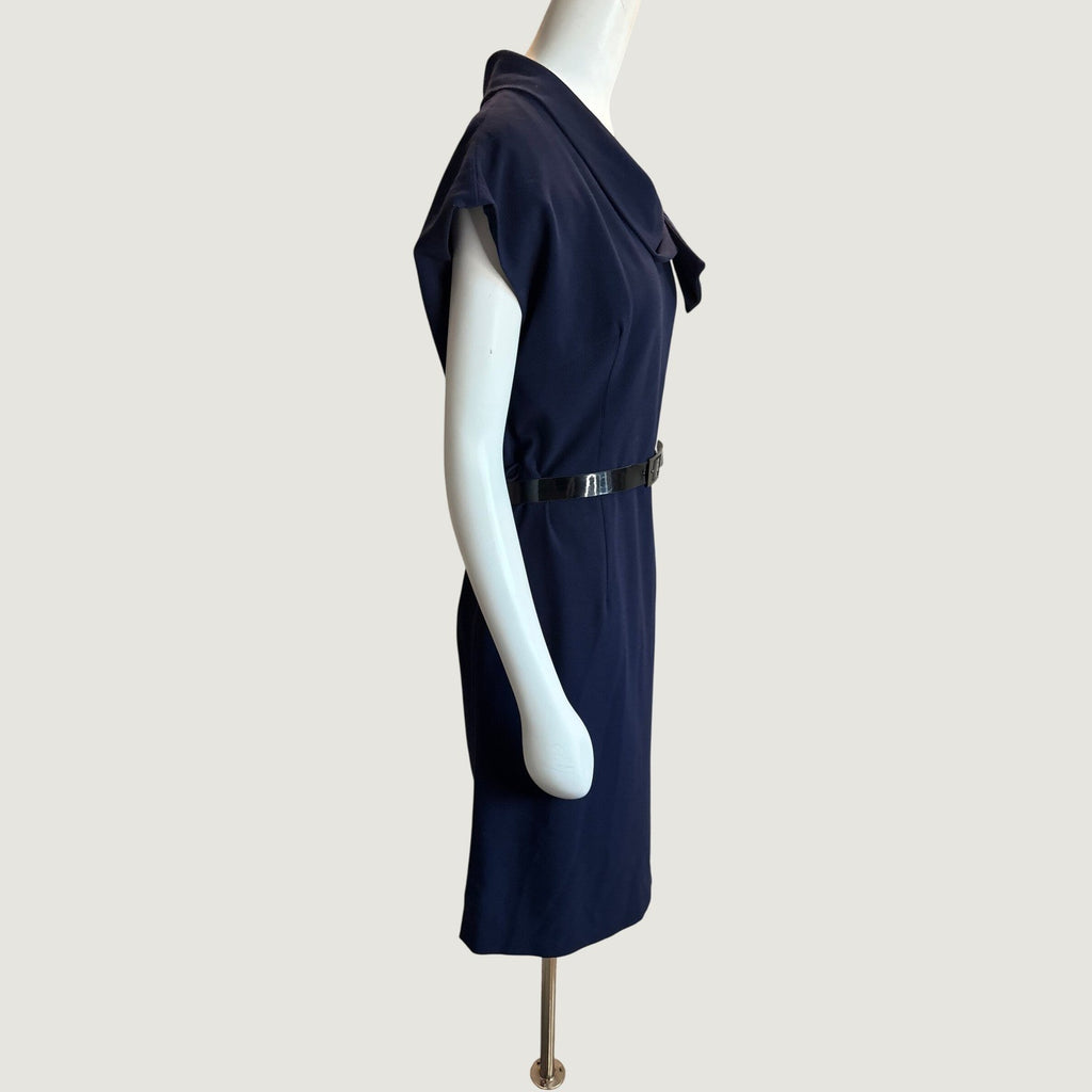 AK Anne Klein Navy Blue Cowl Neck Bow Sheath Dress with Belt Size 14