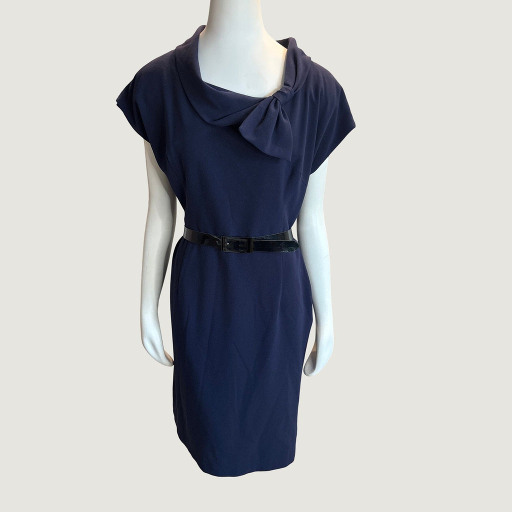 AK Anne Klein Navy Blue Cowl Neck Bow Sheath Dress with Belt Size 14