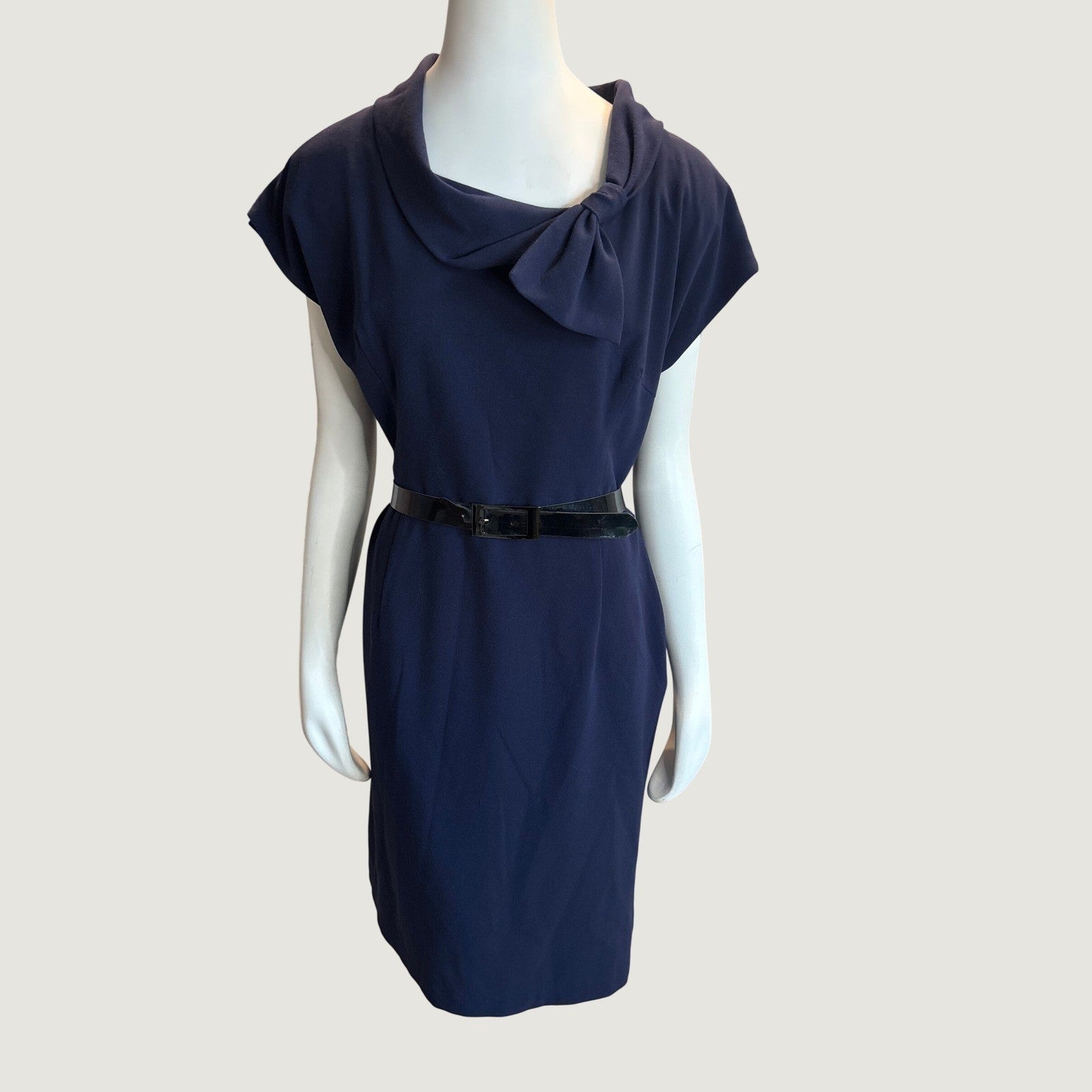 AK Anne Klein Navy Blue Cowl Neck Bow Sheath Dress with Belt Size 14