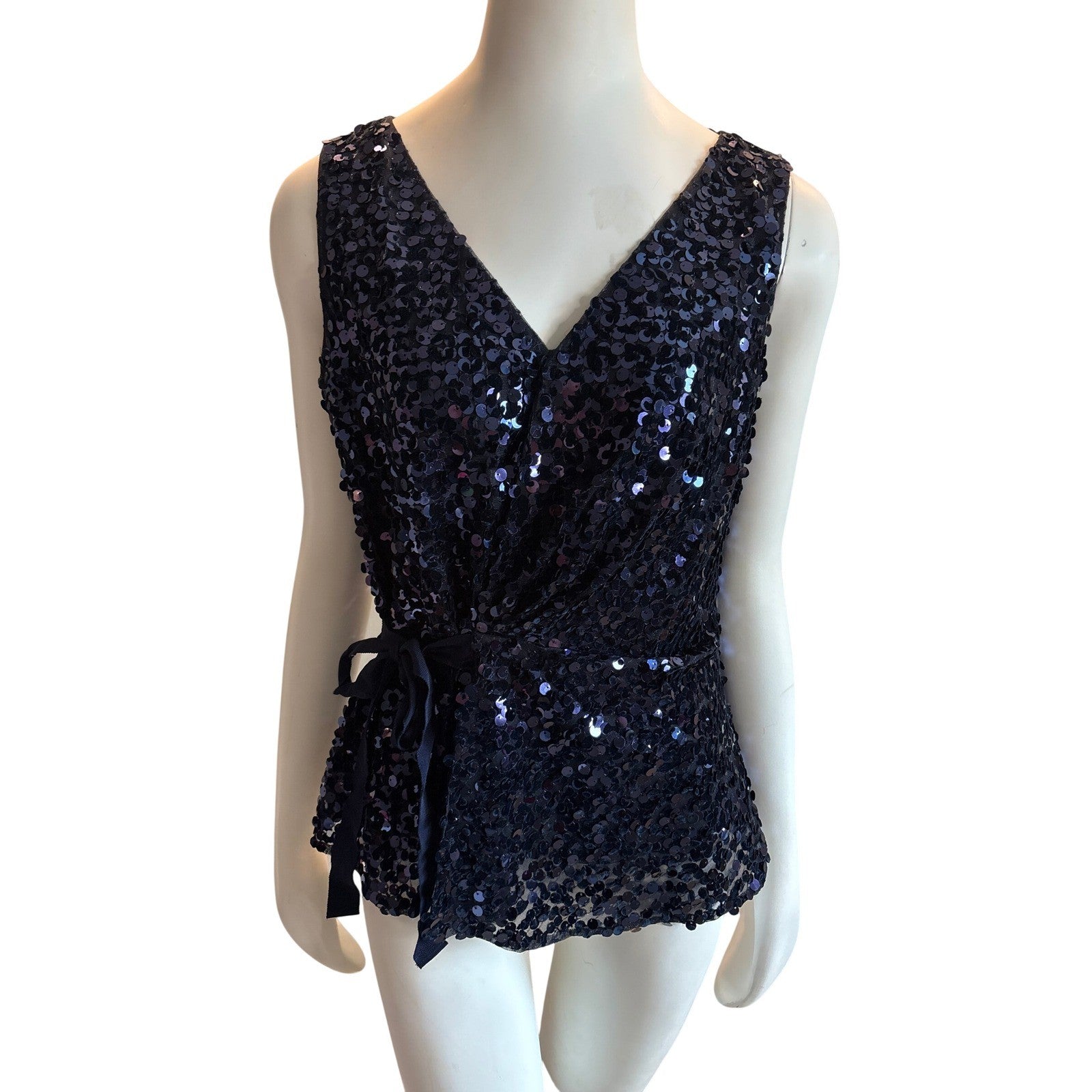 TAHARI Navy Blue Velvet Sequin Wrap Top Sleeveless V-Neck Ribbon Tie