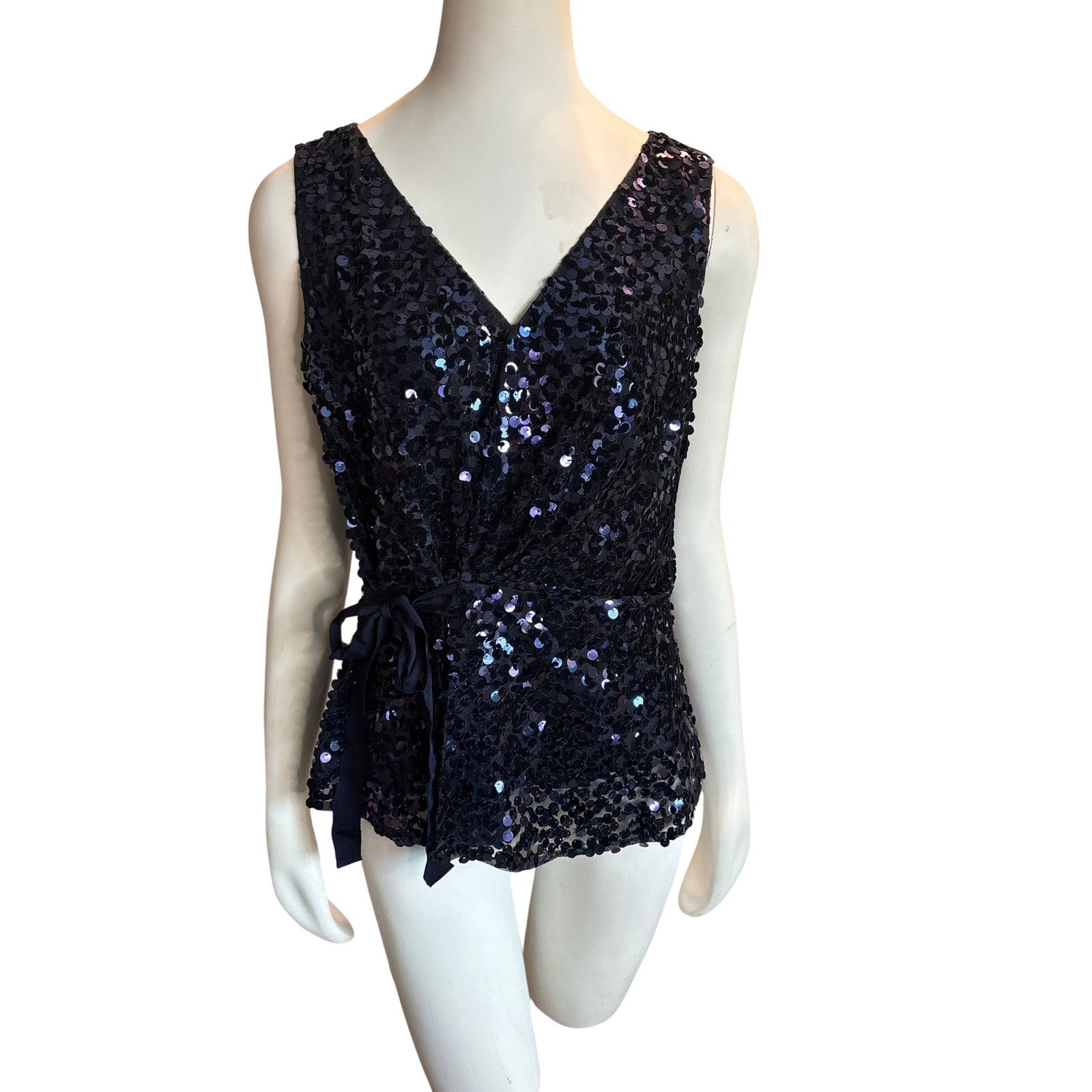TAHARI Navy Blue Velvet Sequin Wrap Top Sleeveless V-Neck Ribbon Tie