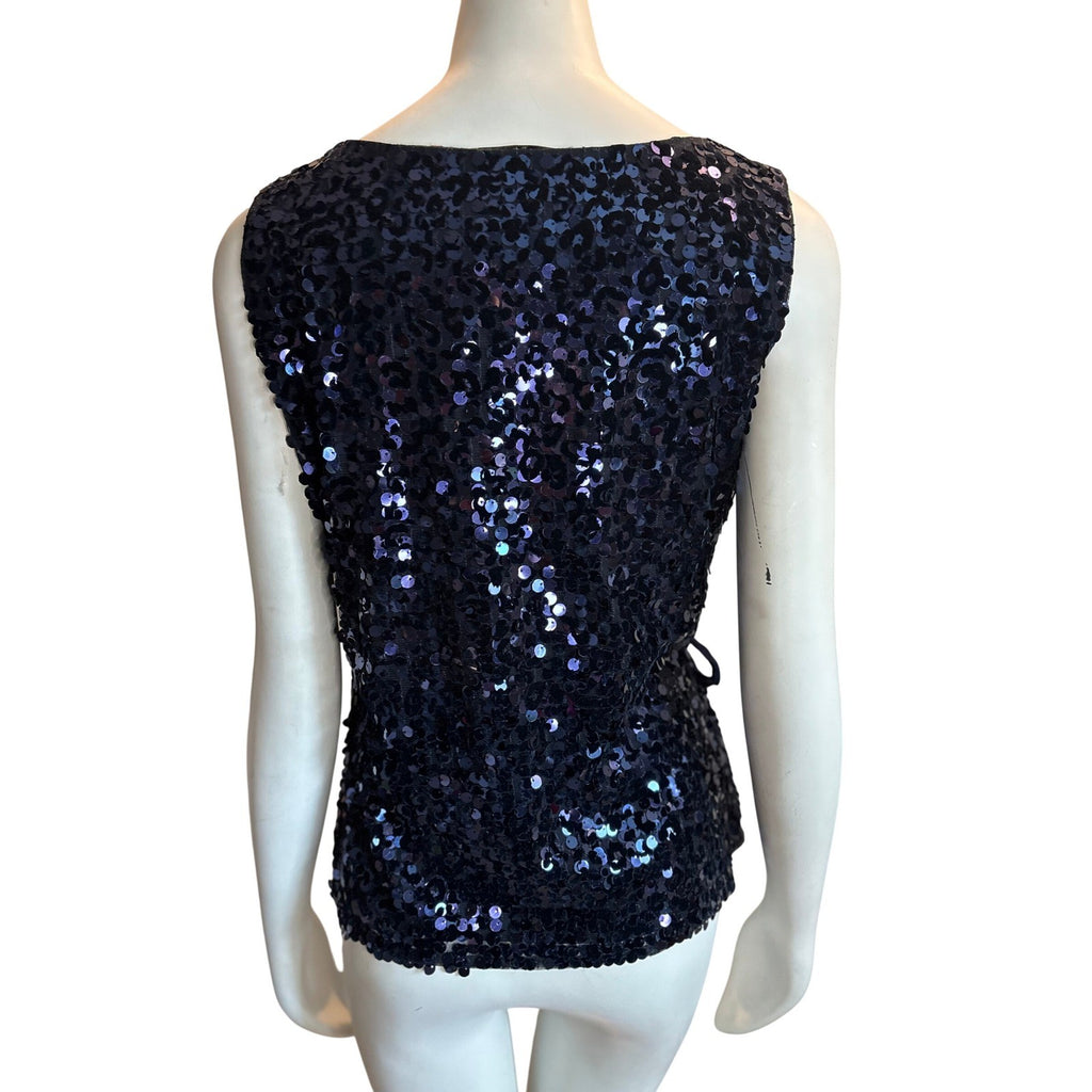 TAHARI Navy Blue Velvet Sequin Wrap Top Sleeveless V-Neck Ribbon Tie