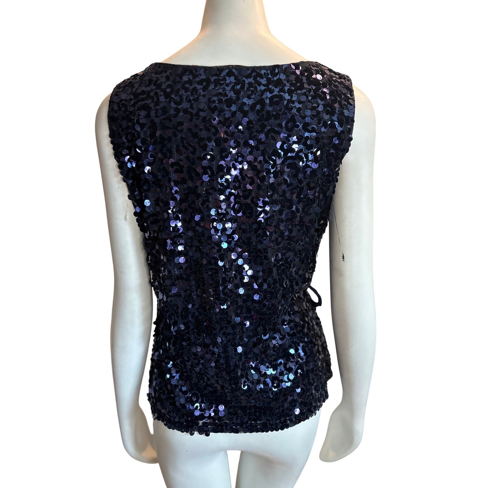 TAHARI Navy Blue Velvet Sequin Wrap Top Sleeveless V-Neck Ribbon Tie