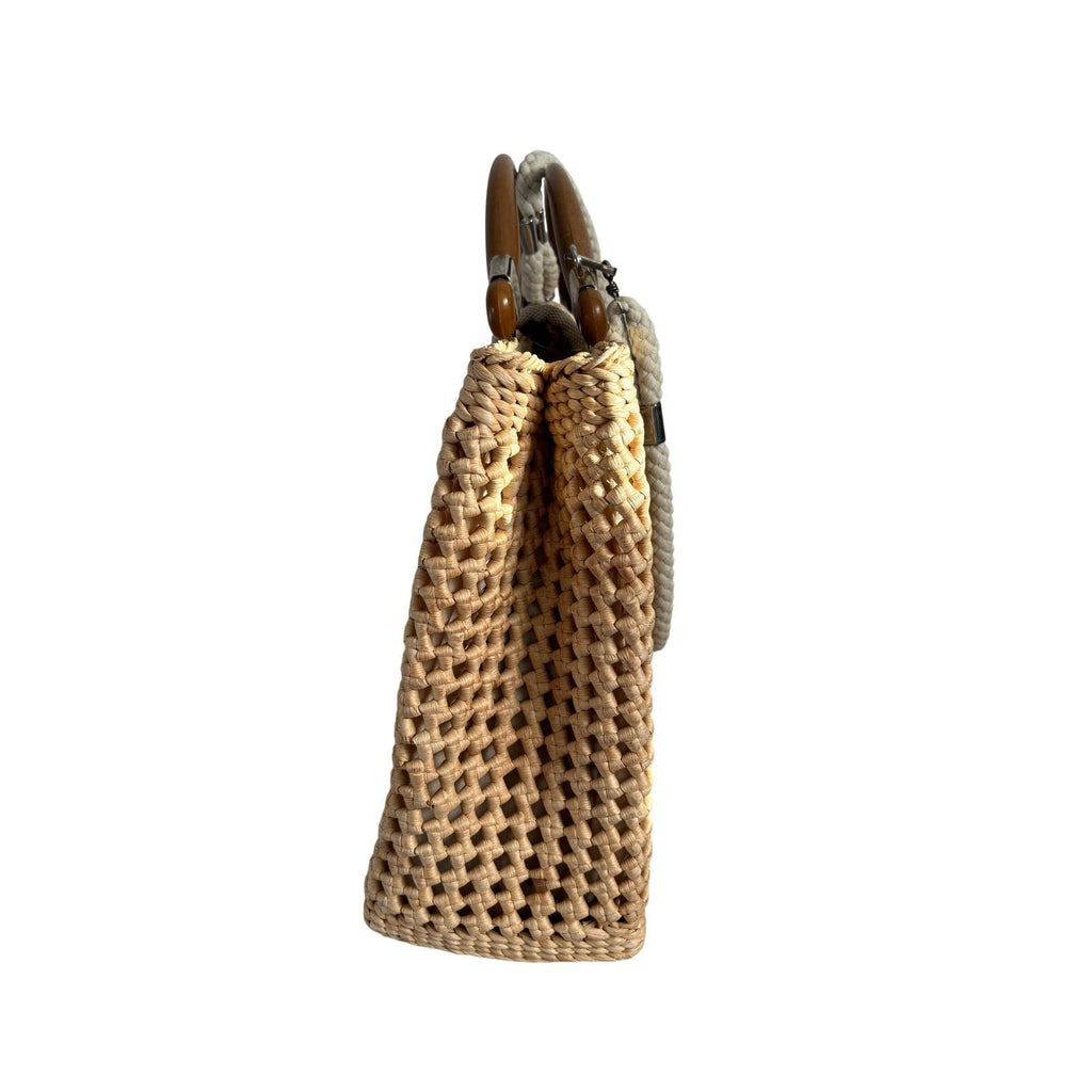 Vintage Made in Italy Woven Straw Handbag Wooden Handle Lattice Raffia Bag