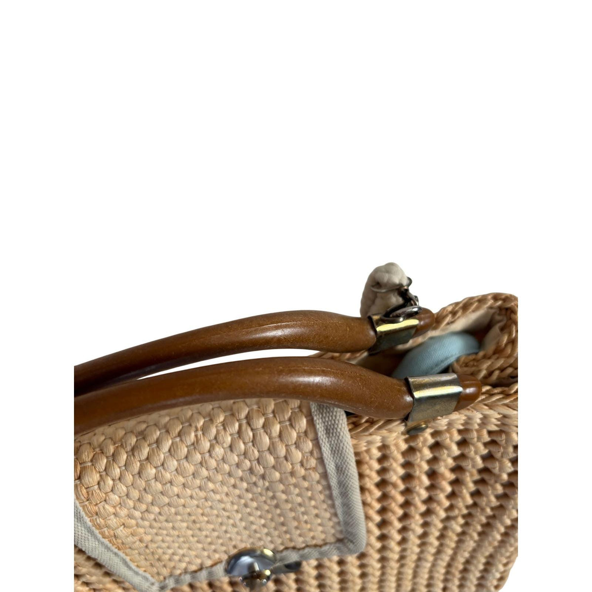 Vintage Made in Italy Woven Straw Handbag Wooden Handle Lattice Raffia Bag