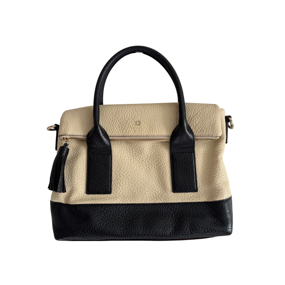 Kate Spade New York Pebbled Leather Colorblock Satchel Cream Black Tassel Bag